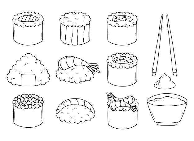 Ensemble de sushi de style doodle Illustration vectorielle de sushi japonais mignon Logo de restaurant de sushi linéaire