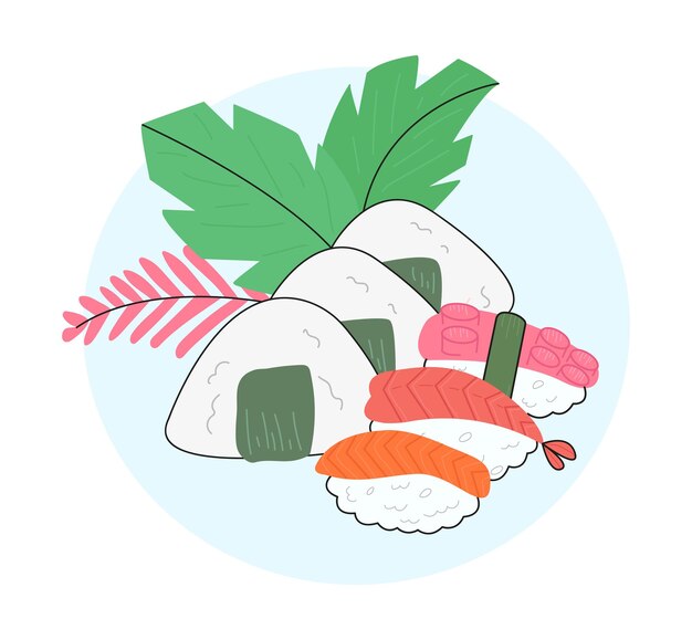 Vecteur ensemble de sushis de différents nigiri et onigiri avec poulpe et saumon