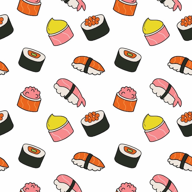 Ensemble de sushis et petits pains. Modèle sans couture avec des sushis japonais. Cuisine nationale japonaise. Papier peint pour l'impression de papier d'emballage