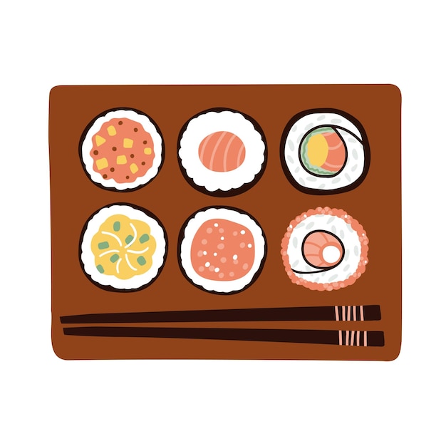 Ensemble De Sushis Sur Une Planche De Bois Cuisine Traditionnelle Illustration Vectorielle Dessinée à La Main Dans Un Style Plat