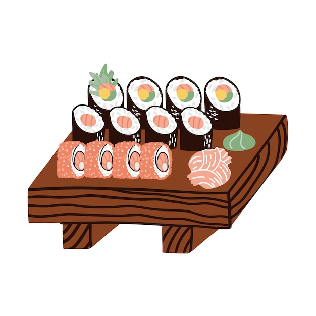 Ensemble De Sushis Sur Une Planche De Bois Cuisine Traditionnelle Illustration Vectorielle Dessinée à La Main Dans Un Style Plat