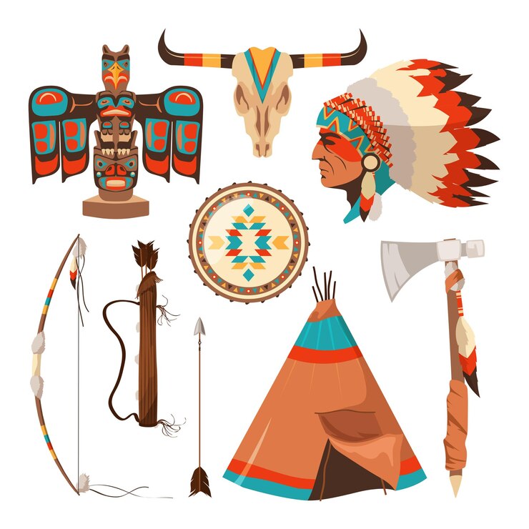 ensemble de symboles des Indiens d'Amérique. Illustration de tomahawk tribal indigène américain, traditionnel