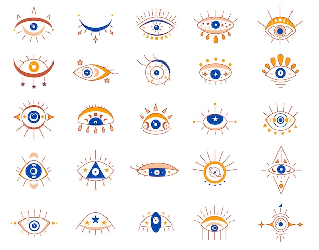 Ensemble De Symboles D'oeil Céleste Maléfique Signe ésotérique Icônes D'yeux De Couleur Avec La Lune Et Les étoiles Xdxaline Art Eye Boho Design Illustration Vectorielle