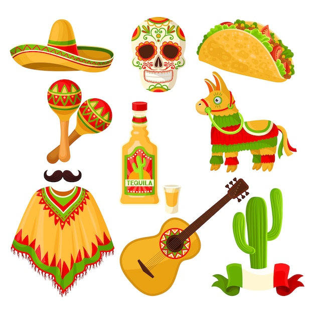 Ensemble de symboles de vacances mexicaines, chapeau sombrero, crâne de sucre, taco, maracas, pinata, bouteille de tequila, poncho, guitare acoustique Illustrations sur fond blanc