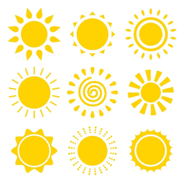 Vecteur ensemble de symboles vectoriels d'icônes de soleil. conception plate simple