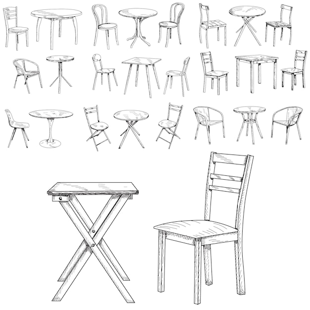 Vecteur ensemble de table et chaise de lignes de croquis