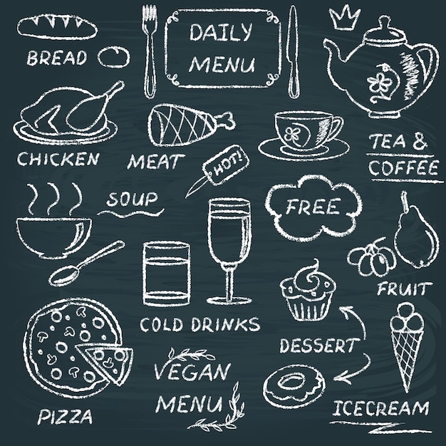 Ensemble de tableau d'éléments de menu dessinés à la main