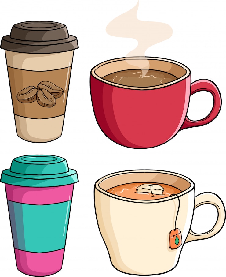 Vecteur ensemble de tasse à café en café avec une tasse de thé en utilisant le style de griffonnage coloré