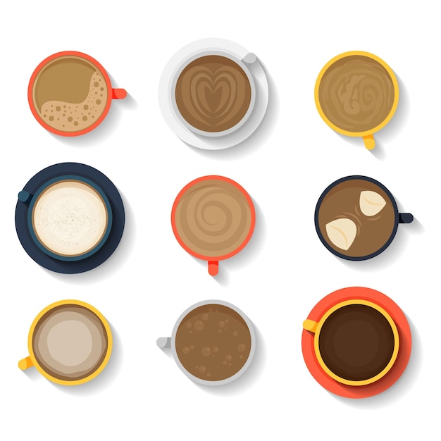 Un ensemble de tasses à café vue supérieure Americano latte espresso cappuccino macchiato mocha assortiment isola