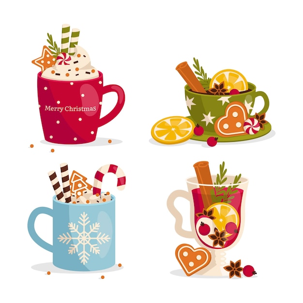 Ensemble de tasses confortables avec boissons chaudes Boisson de Noël en hiver Graphique vectoriel