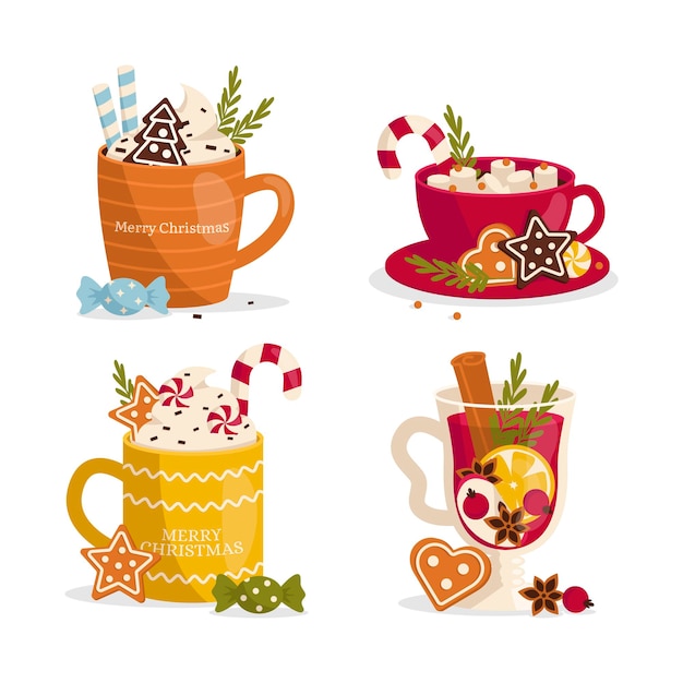 Ensemble de tasses confortables avec boissons chaudes Boisson de Noël en hiver Graphique vectoriel