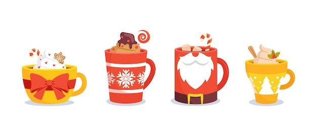 Vecteur ensemble de tasses de noël avec boissons chaudes cacao à la guimauve, café à la crème fouettée. tasses d'hiver avec boissons et décoration pour les vacances d'hiver. illustration vectorielle de dessin animé, icônes