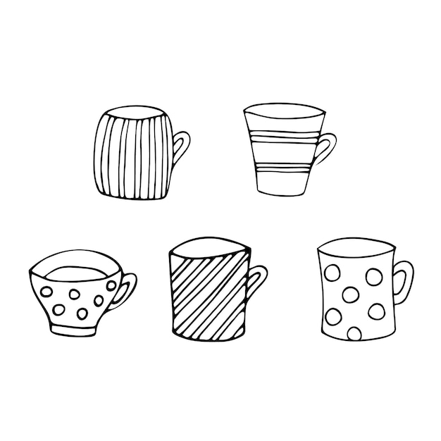 Vecteur ensemble de tasses à thé dessinées à la main, isolé, sur fond blanc