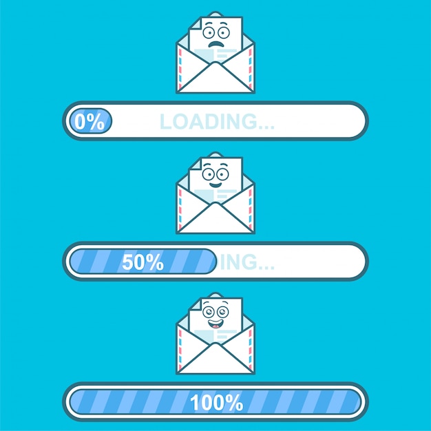 Ensemble De Téléchargeurs De Vecteur Avec Le Personnage De Dessin Animé D'email Et Le Chargement De Texte.