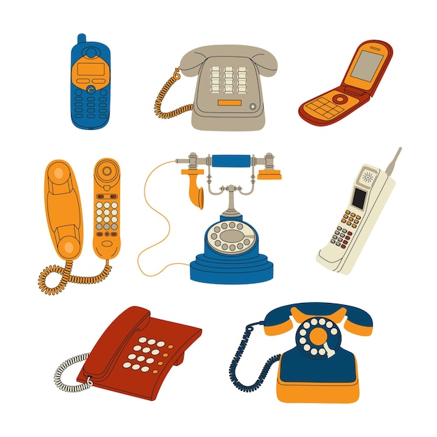 Vecteur ensemble de téléphones rétro gadgets électroniques modernes sans fil et filaires vintage de différentes générations