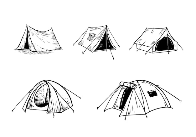 Ensemble De Tente De Camping Croquis Dessinés à La Main Art Vecteur De Couleur Noire