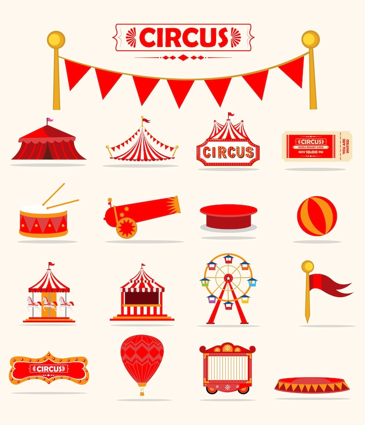 Vecteur un ensemble de tentes de cirque rouges et blanches