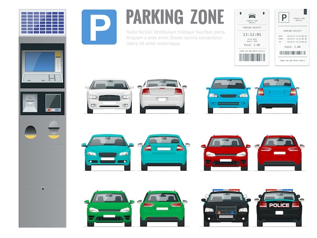 Vecteur ensemble de terminaux modernes réalistes pour payer le parking, le reçu de stationnement et les vues avant et arrière des voitures. illustration vectorielle