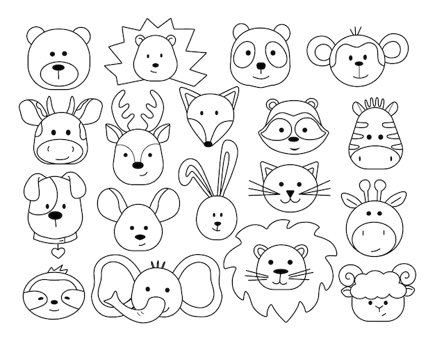 Un ensemble de têtes d'animaux dans un style de dessin animé enfantin Icônes contours simples pour la décoration clip art logo Mignon renard girafe éléphant lion taureau Silhouette croquis illustration vectorielle