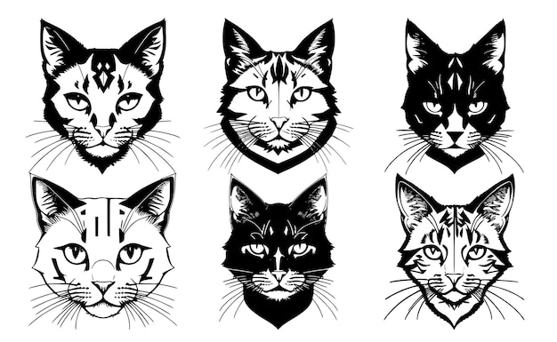 Ensemble de têtes de chat avec différentes expressions calmes du museau Symboles pour emblème de tatouage ou logo isolé sur fond blanc