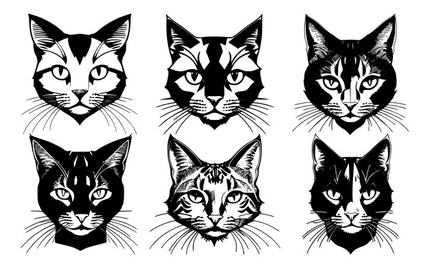 Ensemble De Têtes De Chat Avec Différentes Expressions Calmes Du Museau Symboles Pour Emblème De Tatouage Ou Logo Isolé Sur Fond Blanc