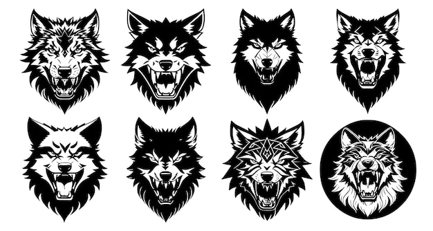 Ensemble De Têtes De Loup à Bouche Ouverte Et Crocs Dénudés Avec Différentes Expressions De Colère Du Museau Symboles Pour Emblème De Tatouage Ou Logo Isolé Sur Fond Blanc