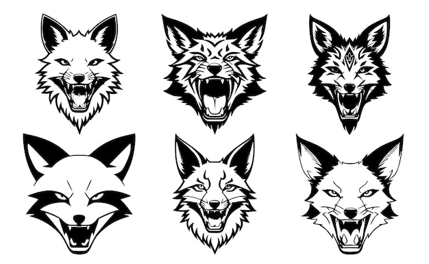 Ensemble de têtes de renard à bouche ouverte et crocs dénudés avec différentes expressions de colère du museau Symboles pour emblème de tatouage ou logo isolé sur fond blanc