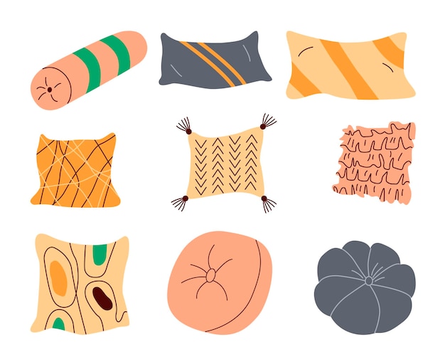 Vecteur ensemble de textiles pour la maison oreillers décoratifs pour le design d'intérieur textiles confortables pour la décoration intérieure illustration vectorielle plate