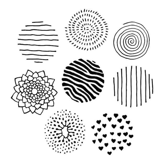 Ensemble de textures botaniques et animales abstraites. Texture dessinée à la main dans un cercle. Vecteur