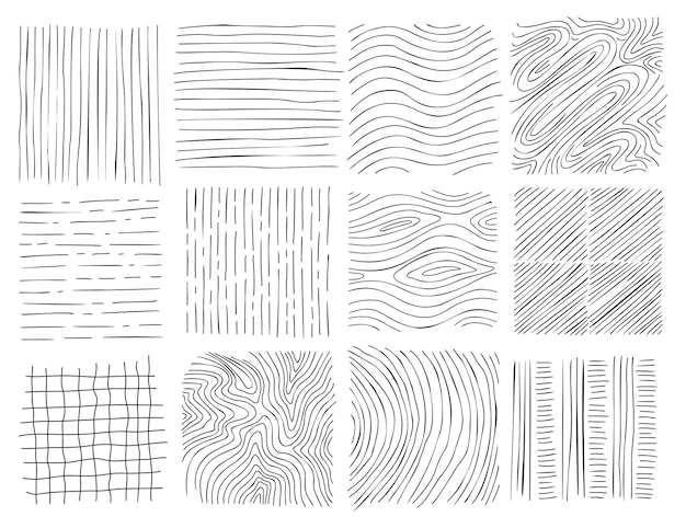 Ensemble de textures de lignes dessinées à la main Collection de traits horizontaux et ondulés de gribouillis vectoriels Ensemble de textures à main levée de vecteur graphique Lignes d'encre isolées sur fond blanc