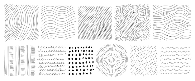 Ensemble de textures de lignes dessinées à la main Collection de traits horizontaux et ondulés de gribouillis vectoriels Ensemble de textures à main levée de vecteur graphique Lignes d'encre isolées sur fond blanc