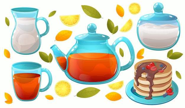 Vecteur ensemble de thé citron sucre lait tasse crêpes en style cartoon bienvenue automne illustration vectorielle