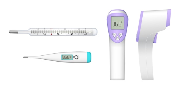 Ensemble De Thermomètres Réalistes : Thermomètres Classiques à Mercure, électroniques Et Infrarouges Sans Contact Sur Fond Blanc. équipement Médical Pour La Mesure De La Température Corporelle. Illustration Vectorielle