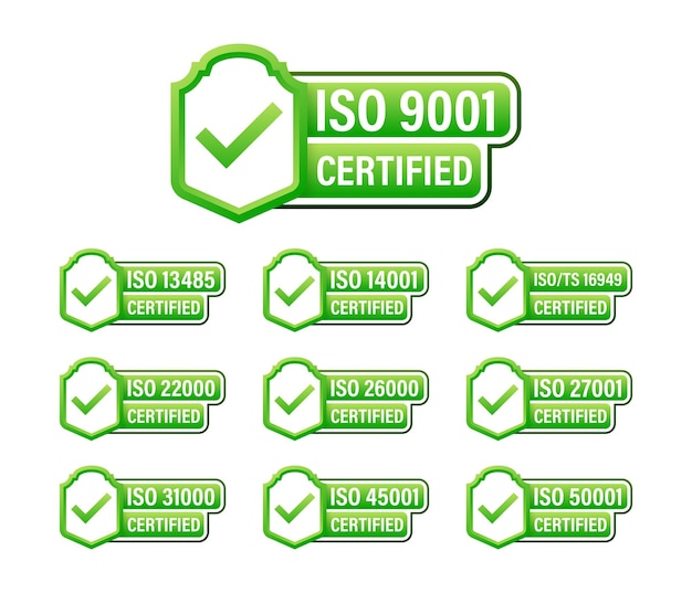 Vecteur ensemble de timbres et d'étiquettes certifiés iso système de gestion de la qualité certifié