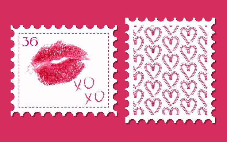 Ensemble de timbres postaux d'amour. Illustrations de coeurs et de lèvres dessinées à la main. Joyeuse Saint Valentin, xoxo.