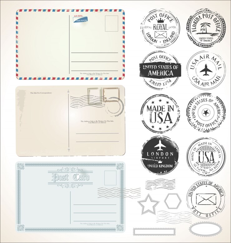 Vecteur ensemble de timbres postaux et de cartes postales