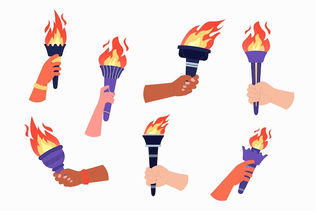 Un Ensemble De Torches Olympiques Internationales à La Main Dans Un Style Plat