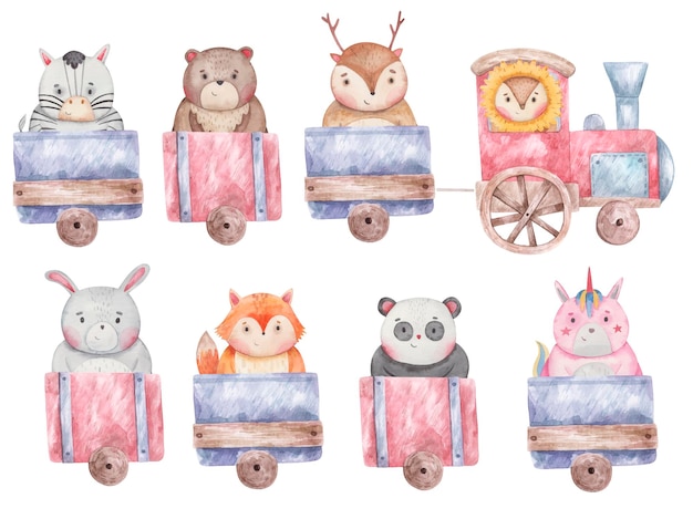 Ensemble de train, wagons avec différents animaux mignons