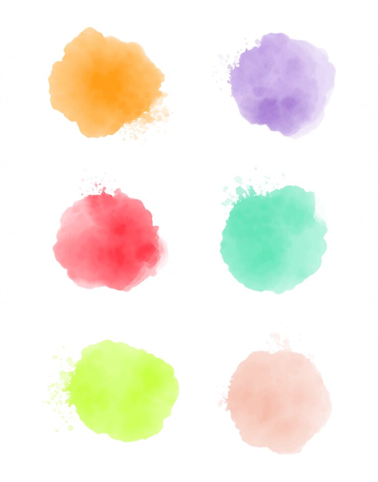 Ensemble de traits de peinture aquarelle, couleur de splash abstraite, vecteur d'effet aquarelle, texture colorée orange, verte, rose et violette