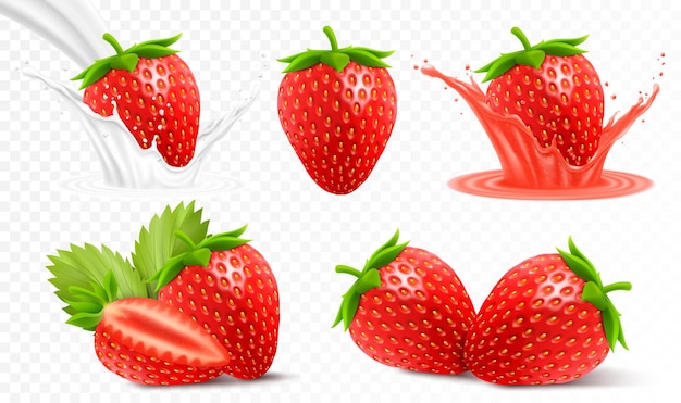 Ensemble et tranche de fraise fraise dans une éclaboussure de jus avec des gouttes de fraise dans une éclaboussure de lait ou de yaourt ensemble de vecteurs réalistes 3d isolés sur fond transparent