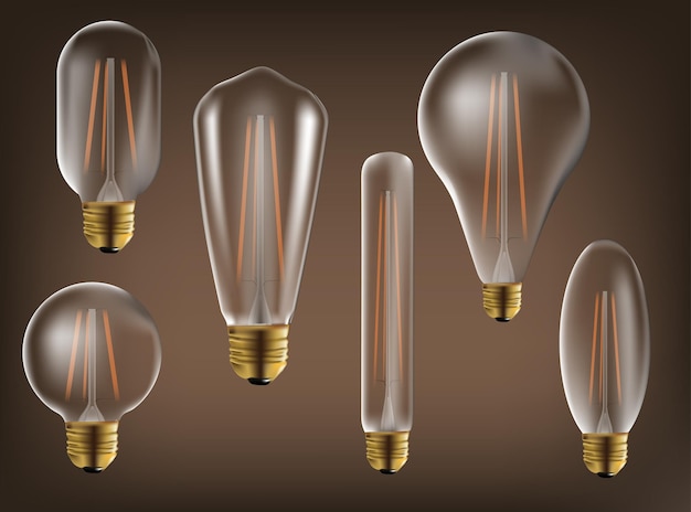Vecteur ensemble transparent d'ampoules incandescentes vintage réalistes et colorées avec lampes incluses de style loft