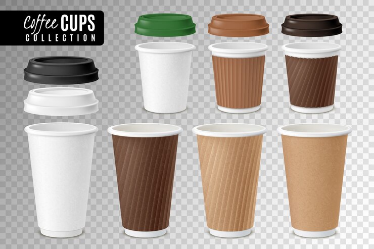 Vecteur ensemble transparent de tasses à café jetables réalistes
