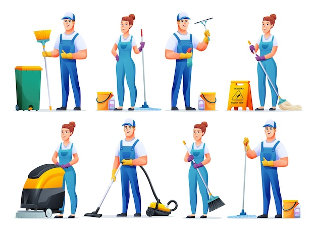 Vecteur ensemble de travailleurs de nettoyage avec l'équipement personnages de dessins animés du personnel de nettoyage professionnel