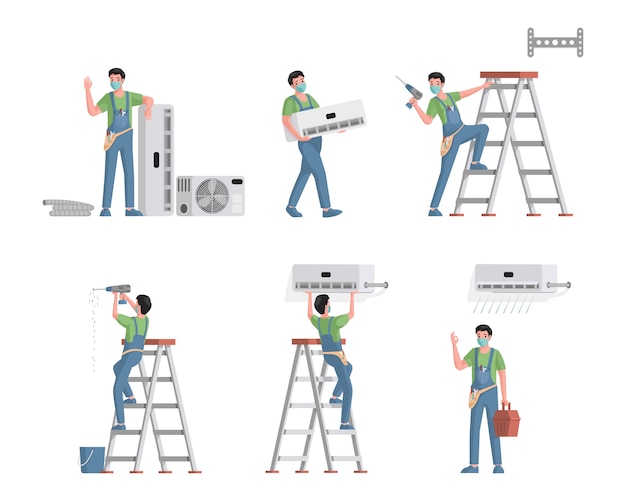 Ensemble De Travailleurs Des Services De Réparation Et D'installation De Climatiseurs. Jeunes Personnages Masculins Installant, Réparant Les Systèmes De Refroidissement, Nettoyant Et Remplaçant Les Filtres à Air Illustration Plate.