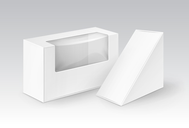 Vecteur ensemble de triangle rectangle en carton blanc blanc à emporter boîtes d'emballage pour sandwich, nourriture, cadeau, autres produits avec fenêtre en plastique maquette gros plan isolé