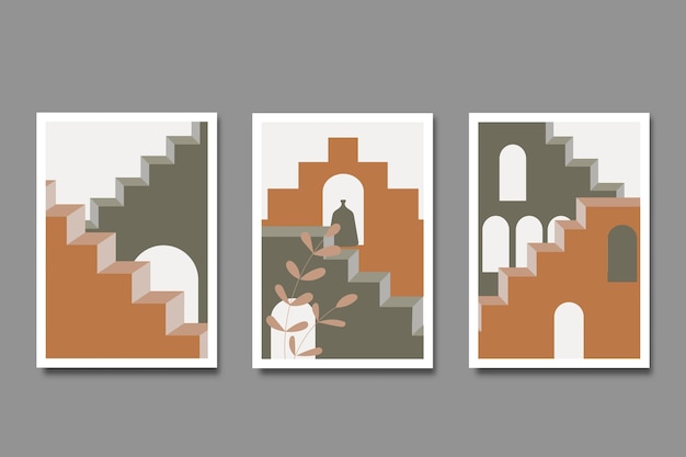 Ensemble de trois affiches boho esthétiques d'escaliers modernes abstraits