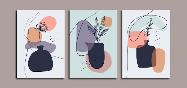 Ensemble De Trois Affiches Minimalistes Au Milieu Du Siècle Avec Des Feuilles De Palmier En Poterie Et Des Mauvaises Herbes