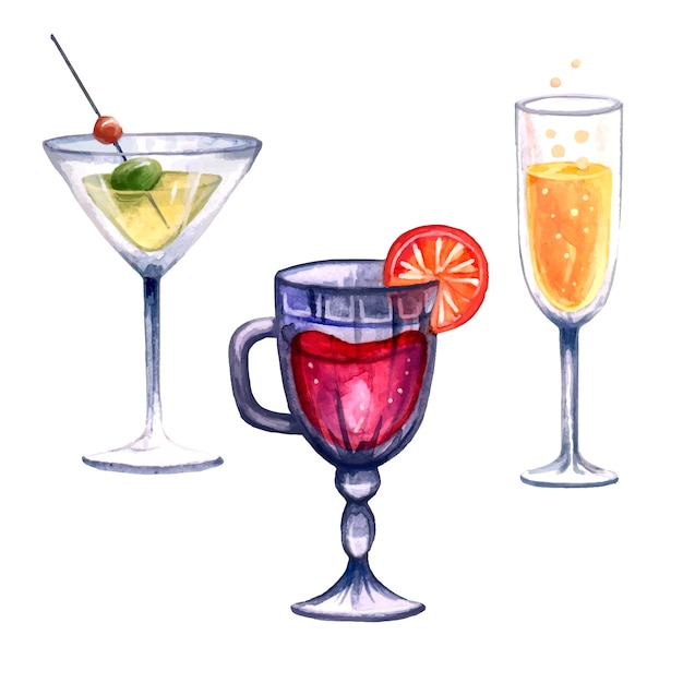 Vecteur ensemble de trois boissons illustration vin chaud champagne martini aquarelle dessinée à la main