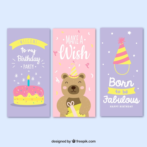 Ensemble De Trois Cartes D'anniversaire En Rose Et Lilas