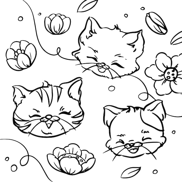 Ensemble de trois chats mignons souriant avec un motif de fleurs pour colorier